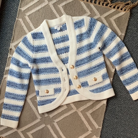 ON 34th Sweaters - On 34th Blue and White Striped Women's Cardigan Sweater